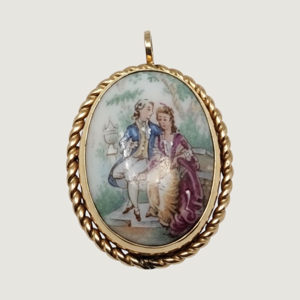 Vintage 12K Gold Filled Fragonard Brooch Pendant Courting Couple Limoges France